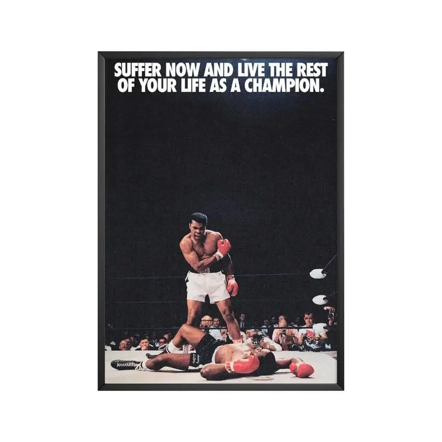 Boxing Legend Satin Artwork Poster, "Suffer Now Champion" Quote Wall Decoration, Vintage Fight Night Sports Room Decor Print