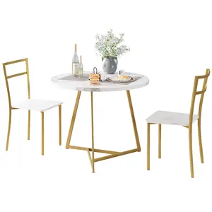 Modern Round Dining Table Set for 2  Gold and White Marble Space-Saving Table with Upholstered PU Chairs – Ideal for Small Dining Room, Apartment, Breakfast Bar