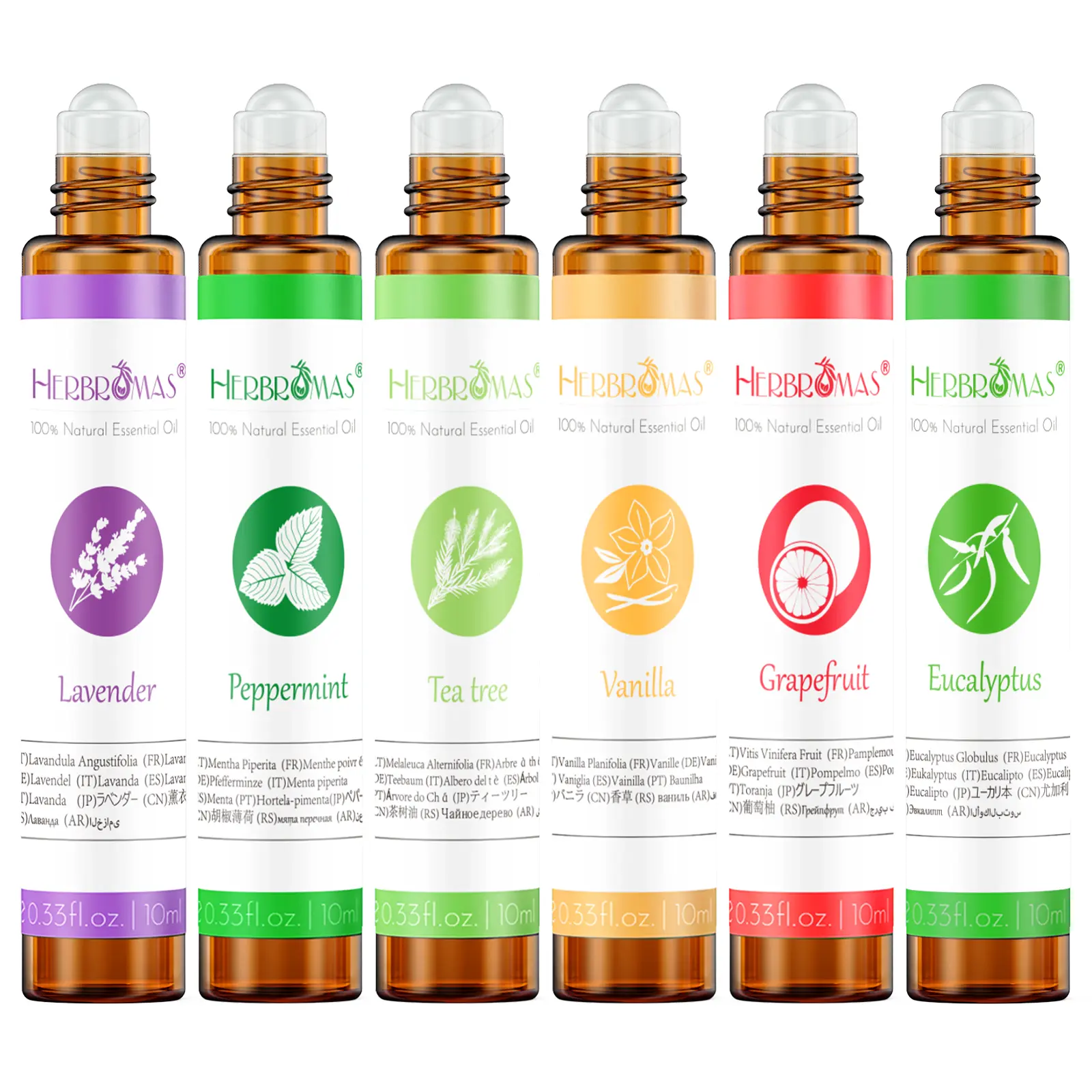 HERBROMAS Essential Oil Roll On Set 6 Pack, Aromatherapy Roller Oils for Women & Men, Natural Perfume Oil with Lavender, Peppermint, Eucalyptus, Grapefruit, Tea Tree & Vanilla, Travel Size Gift Set Th