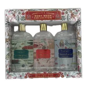 Amaryllis & Juniper Holiday Body Wash Collection 28 Fluid Ounce Pack of 3 Festive Scented Bottles for Gifting or Personal Use Citrus Pine Holly Berry Frosted Mint