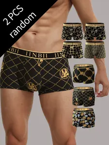 2 Pcs Random Colors Men's Underwear Boxer Briefs Set, Random Colors, Gold Luxury Design Comfortable Sports Cycling Outdoor Breathable Four Corners