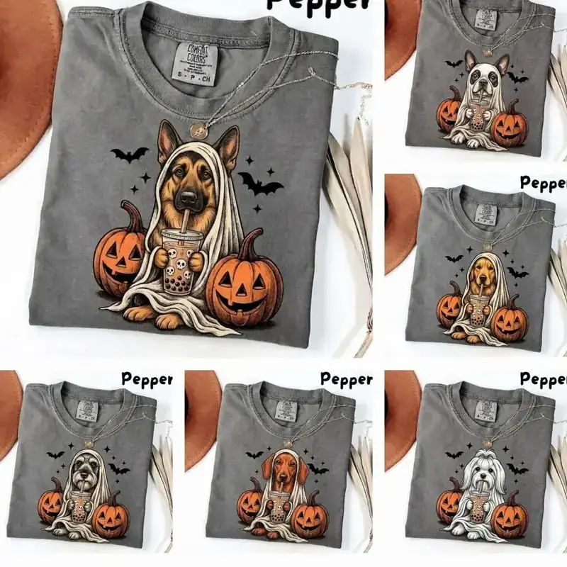 Comfort Colors Pepper Dog Shirt, 50+ Dog Breeds Custom Ghost & Boba Tea Halloween Tee, Funny Dog Lover Gift, Spooky Season Graphic Shirt - AL