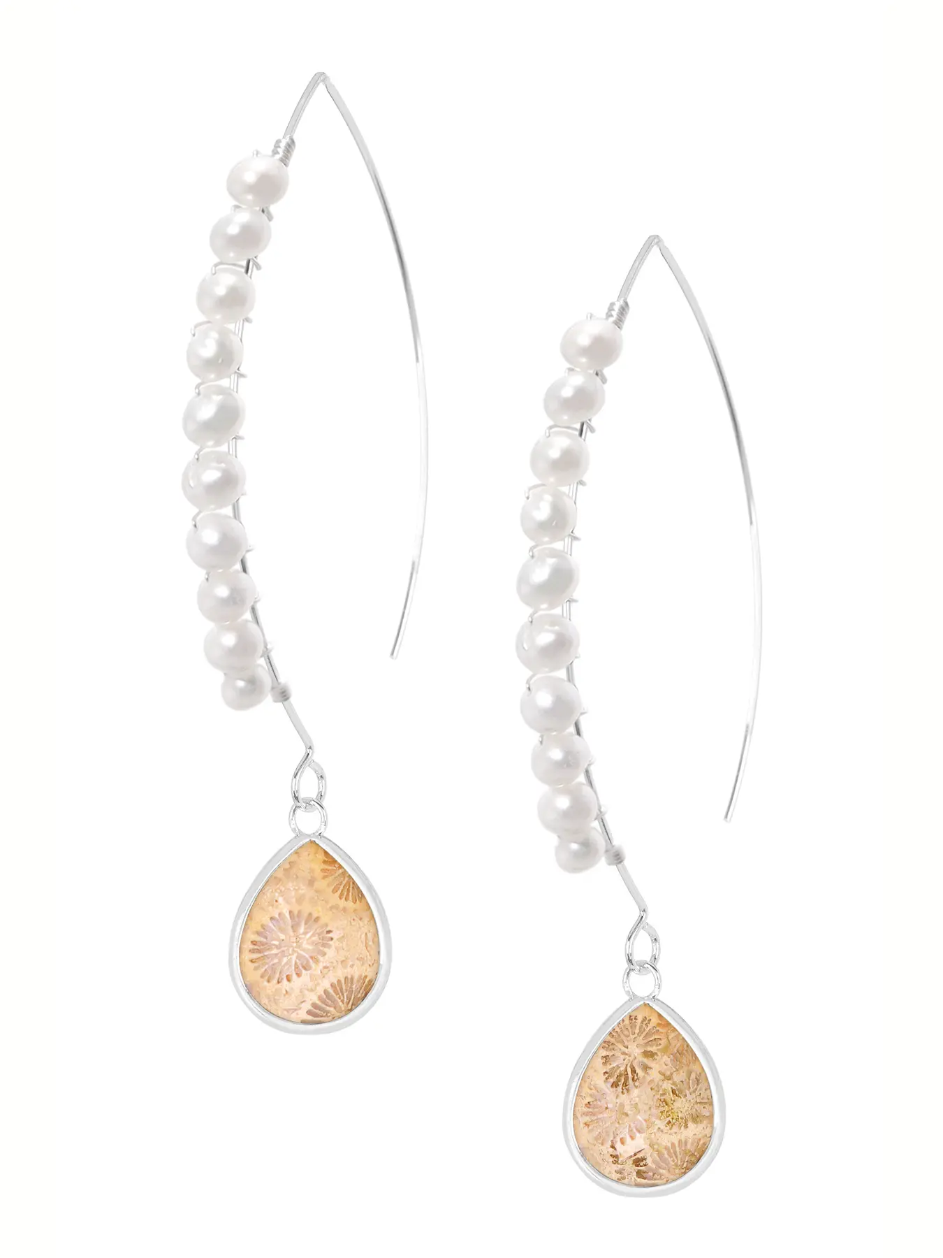 Sterling Silver Lily Fossil & Freshwater Pearl Threader Earrings