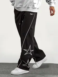 Men’s American High-Street Athletic Casual Long Pants - Star-Print, Side Contrast Lines, Drawstrings Waistband, Wide-Fit Loose Straight Cut, Standard Sizes, Multiple Colors, Breathable Skin-Friendly Non-Restrictive Fabric for Daily Wear