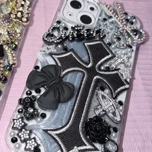 Black and Silver Bling Cross Patch with Black Cherries Freestyle Case for Stylish Protection Featuring Rhinestones and Pearls