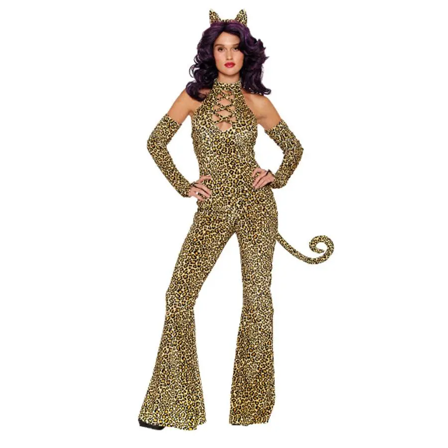 Here Kitty Kitty Costume for Women – 4 PC Velvet Flare-Leg Jumpsuit with Faux Lace-Up Front, Cat Ears, Gauntlet Gloves & Removable Tail