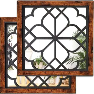 Wall Mirror Square Wooden Decorative Mirrors for Wall Farmhouse Living Room Hallway Entryway, 2 Pcs, 12inch x 12inch