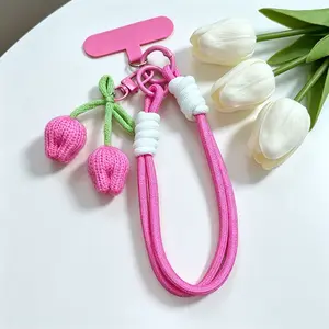 Tulip Knitted Phone Strap, Handmade Crochet Tulip Keychain, Anti-Loss Shockproof Wrist Band, Fashion Accessory Gift