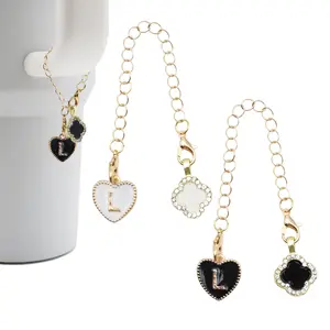 2Pcs Letter Charm Accessories for Stanley Cup,Name Id Initial Letter for Stanley 30&40 oz Tumbler with Handle,Heart Shape & Four Leaf Clover Initial Personalized Letter Charms,Stanley Cup Accessories Chain