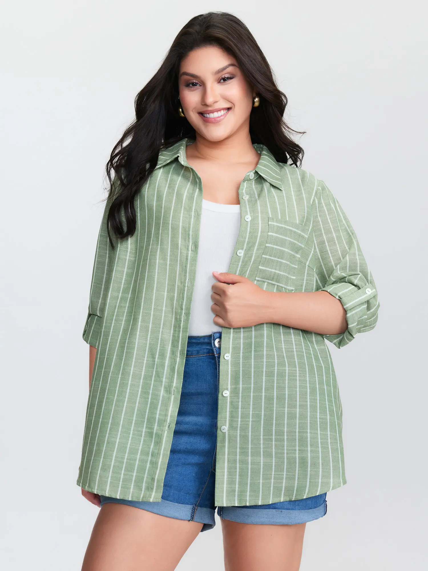BloomChic Women's Plus Size Sage Stripe Print Polyester Cotton Blend Button-Down Tunic Blouse - Smooth Fabric, Turn-Up Tab Long Cuffs, Pocket, Flattering Fit, Sizes M-6X, 2026 Summer Collection, Garment, Comfy Casual, Modest Fashion, Layering Outfits