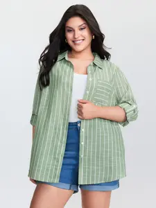 【Summer Turn-Up】【Essential】BlOOMCHIC Plus Size Striped Tab Sleeve Button-Down Shirt [M-6X] 2026 Summer Pick for Mother's Day