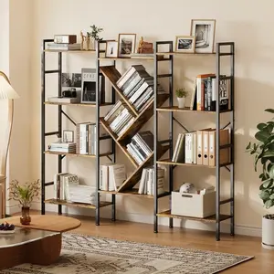 Space-Saving 4 Tier Industrial Bookcase, Sturdy Wood & Steel Bookshelf, Modern Storage Shelving Unit for Home Office, Living Room & Bedroom, Easy to Assemble