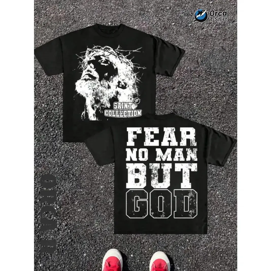 Jesus Graphic T-Shirt for Men, Oversized Streetwear 'Fear No Man But God' Slogan Tee, 100% Cotton Short Sleeve Round Neck Top