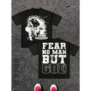 Saint Collection Jesus Christ Crown Of Thorns Graphic T-, Fear No Man But God Slogan Print, Men's Pure Cotton High Quality Tee, Soft Comfortable Loose Fit Street Style Top, Ideal for Daily Wear, Summer Casual, Parties & Holiday Gifts oversized shirts