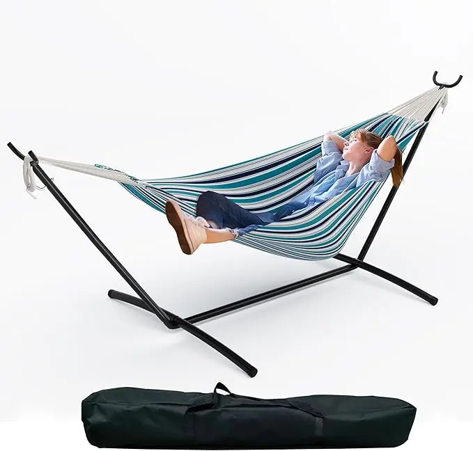 Double Hammock with Steel Stand for 2 Persons, 450 LB Capacity Heavy Duty Adjustable Hammock, Soft Thick Rope & Portable Carrying Bag, Ideal for Patio, Garden, Camping & Beach