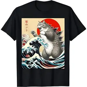 Catzilla Cat Japanese Art Funny Cat Gifts for Men Women High Quality O-Neck Short Sleeves 100% Cotton T-Shirt Tops 50961 Menswear Unisex