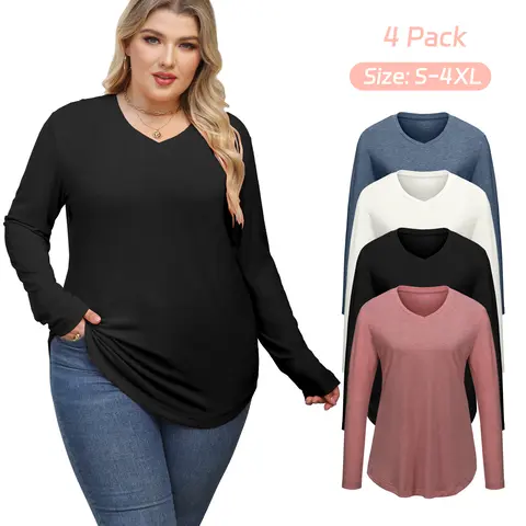 VILIGO 4-Pack Women's Loose Long Sleeve V-Neck Plain Tops - Comfortable Soft Basic Blouses with Curved Hem, All Seasons, Machine Washable, Multi-Color Womenswear Shirts for Casual Wear