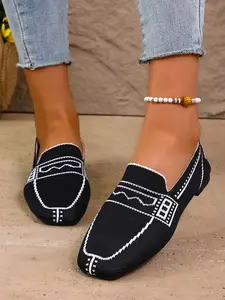 New Textile Square Toe Flat Shoes, Breathable Soft Material, Lightweight Comfortable Design, Easy On-Off, All Seasons Casual Style