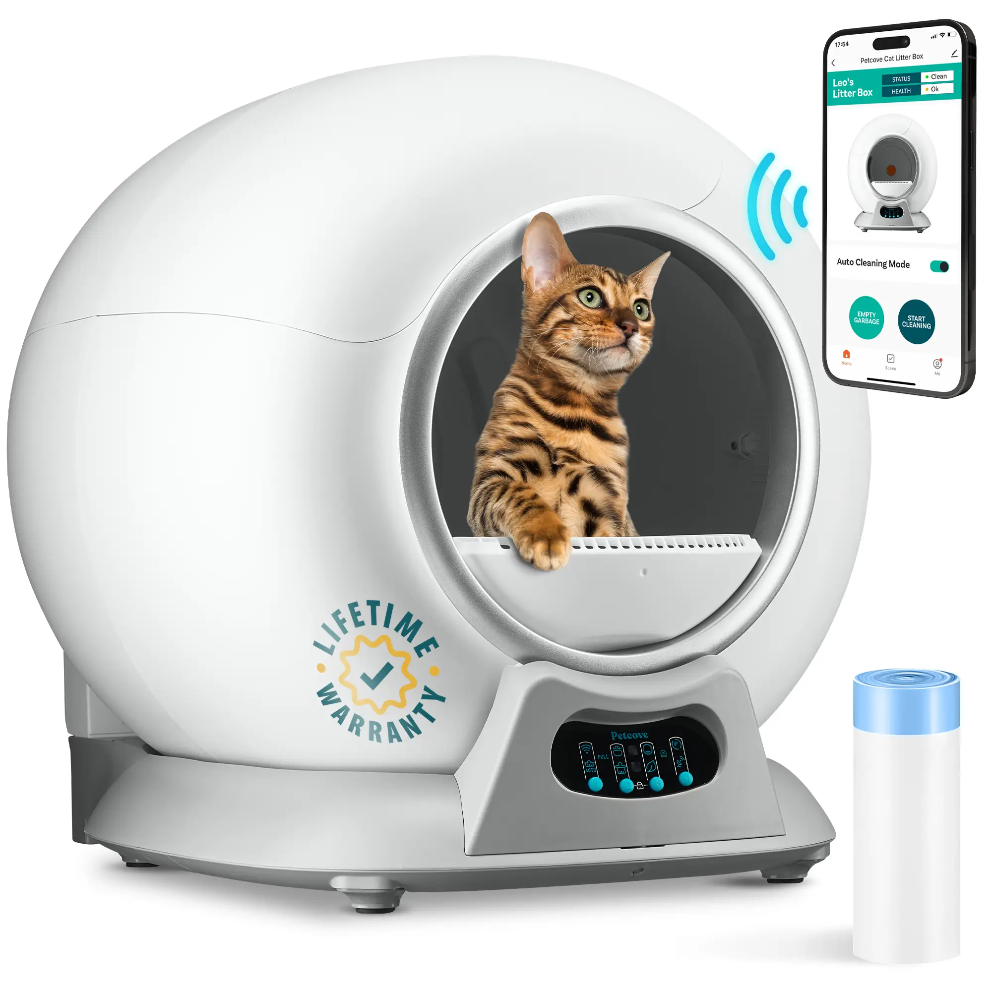PetCove Smart APP-Controlled Automatic Litter Box for Multiple Cats – Anti-Pinch Design & Sensors, Odor Removal, Health Monitoring & Lifetime Warranty