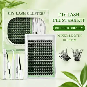 Lash Clusters Kit D Curl Wispy Fluffy Volume Individual Eyelash Extensions 10-18mm No Damage Waterproof Long-Lasting DIY Set with Bond & Seal, Remover, Tweezers & Brush | Easy Apply Coquette Soft Girl Doll Eye Daily Party Wedding Festival Women Beginners