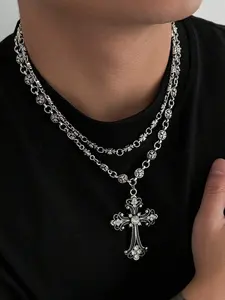 2pcs Men's Hip Hop Cross Necklace, Personalized Rhinestone Cross Pendant, Collarbone Chain, Unisex Vintage Jewelry Gift