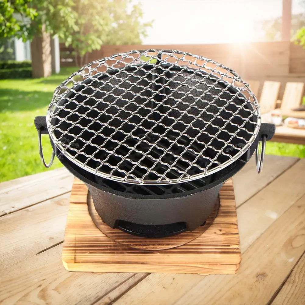Portable Round Tabletop Charcoal Barbecue Grill - Stainless Steel & Cast Iron Stove (240.00x240.00x105.00mm), 1x Stainless Steel Mesh, 1x Wooden Board Base, Compact Small Size for Outdoor Camping, Family Gatherings