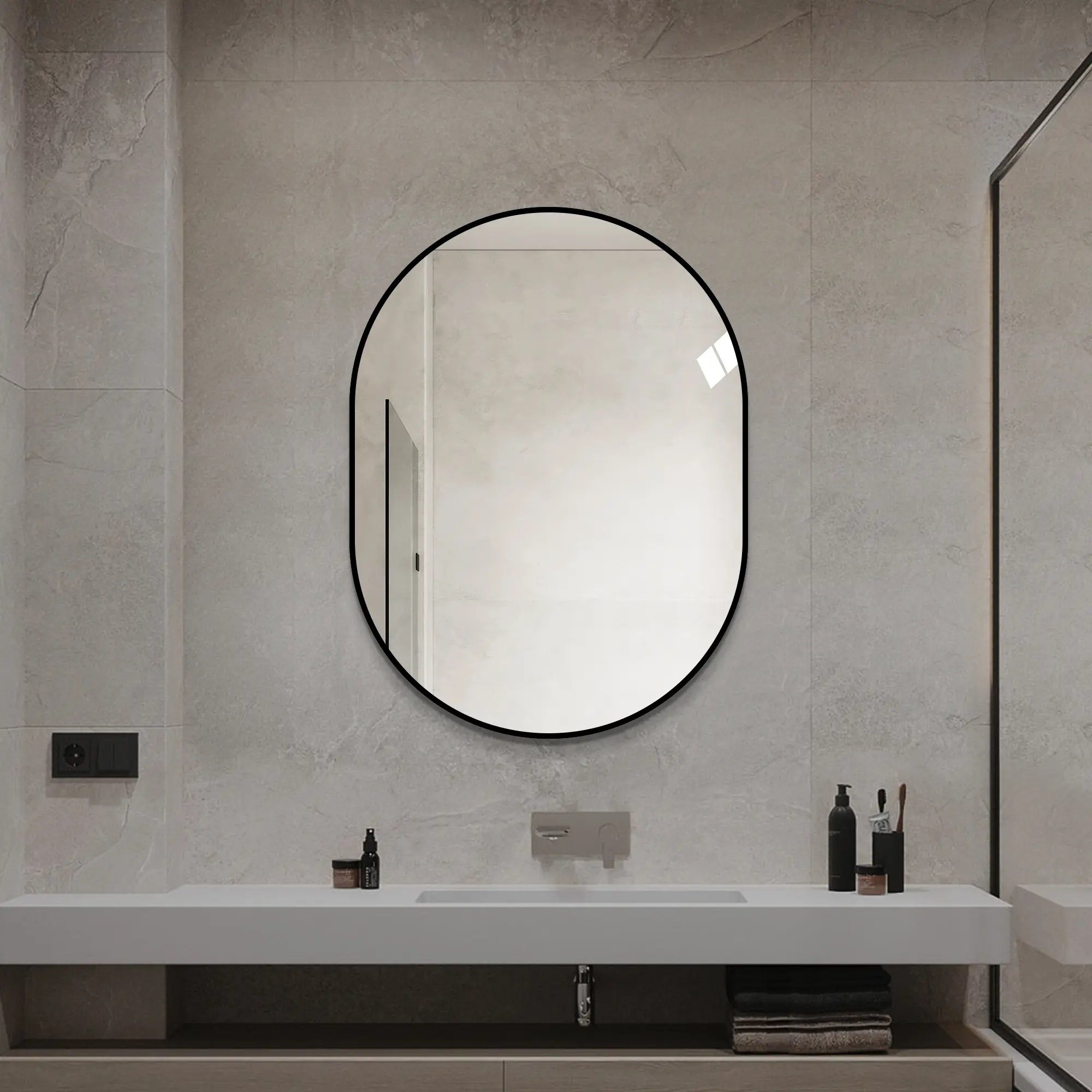 24x32 Inch Black Aluminum Framed Capsule Vanity Mirror, Vertical Wall Mount, HD Copper-Free Glass, Shatter-Proof Moisture-Resistant, Modern Bathroom Mirror for Narrow Spaces