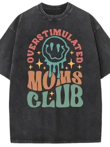 Water Wash Vintage Mom Club Graphic Print Tee, Thick Street Style Short Sleeve, Men's Round Neck T-Shirt, Casual Fitted Design, Classic Streetwear, Menswear