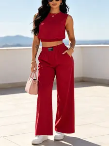 Women's Plain Sleeveless Round Neck Wide Leg Pants Set 2pcs, Chic Casual High Waist Fitted Tee and Pants, Summer Comfort Non-Formal Outfit Womenswear