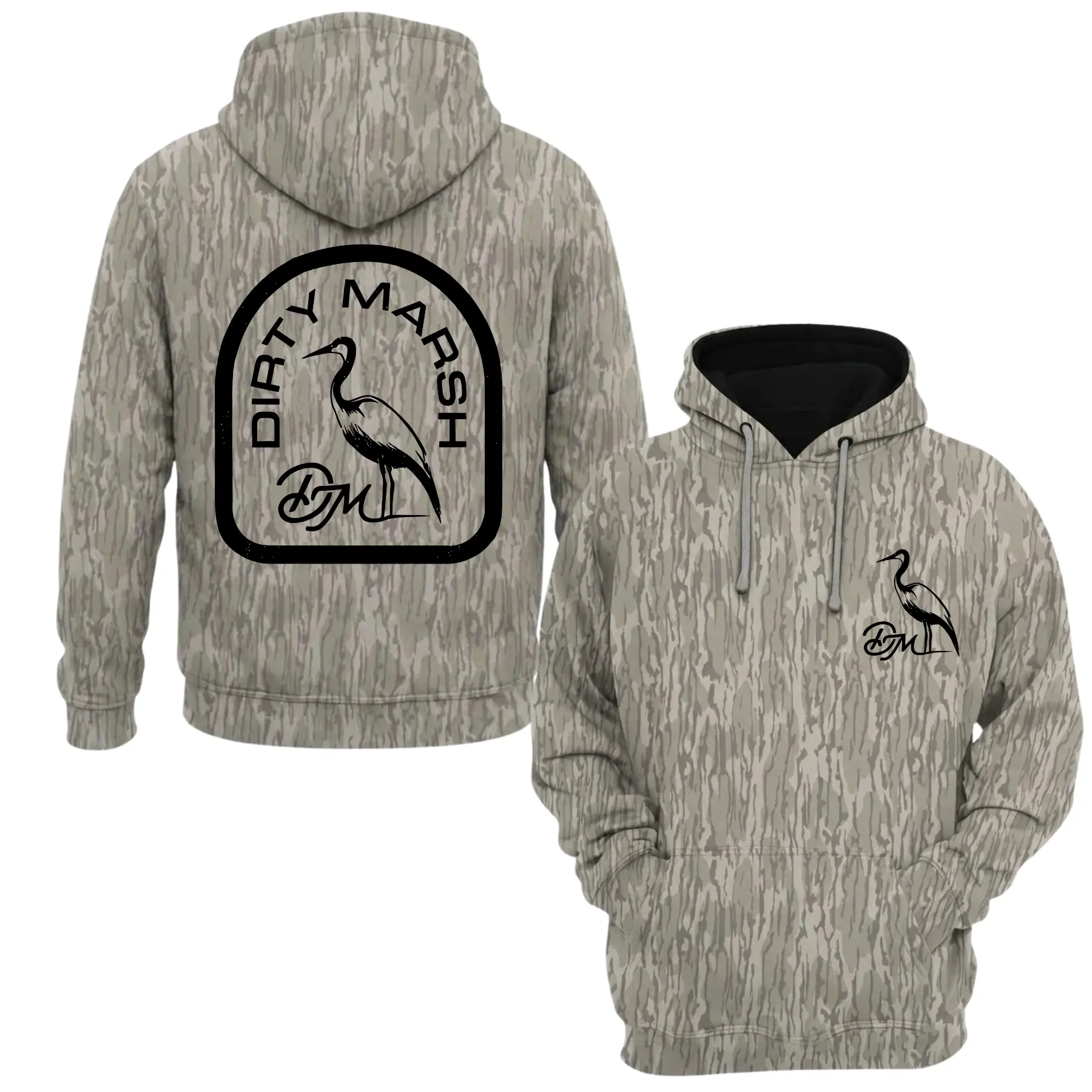 Dirty Marsh Camo Hoodie, Heron Bird Logo Graphic Pullover Sweatshirt, Front & Back Print Waterfowl Hunting Outdoor Hoodie for Men