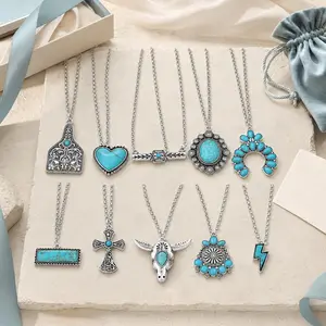 Western Turquoise Pendant Necklaces For Women, Boho Cowgirl Silver Necklace Set, Vintage Country Jewelry For Rodeo Festival Outfit