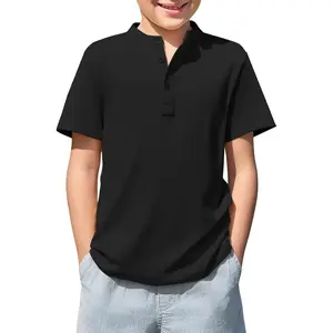 Haloumoning Boys Short Sleeve Henley Shirt Kids Casual Button Front Summer T-Shirts Tops Tees 5-14 Years