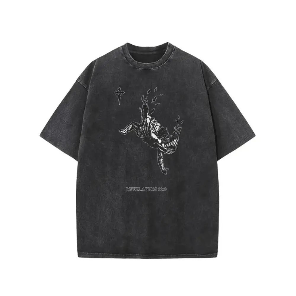Graphic print design men's vintage fashion vintage street hip-hop elements, washed cotton 250g super heavy cotton T-shirt, everyday casual fashion cool short-sleeve T-shirt