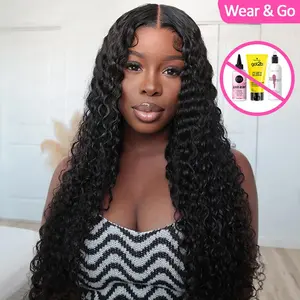 CurlyMe Wear Go Glueless Pre-Bleached Deep Wave Hair Pre-cut 7x5 HD Lace Front Wigs Natural Black 180% Density Medium Cap Size