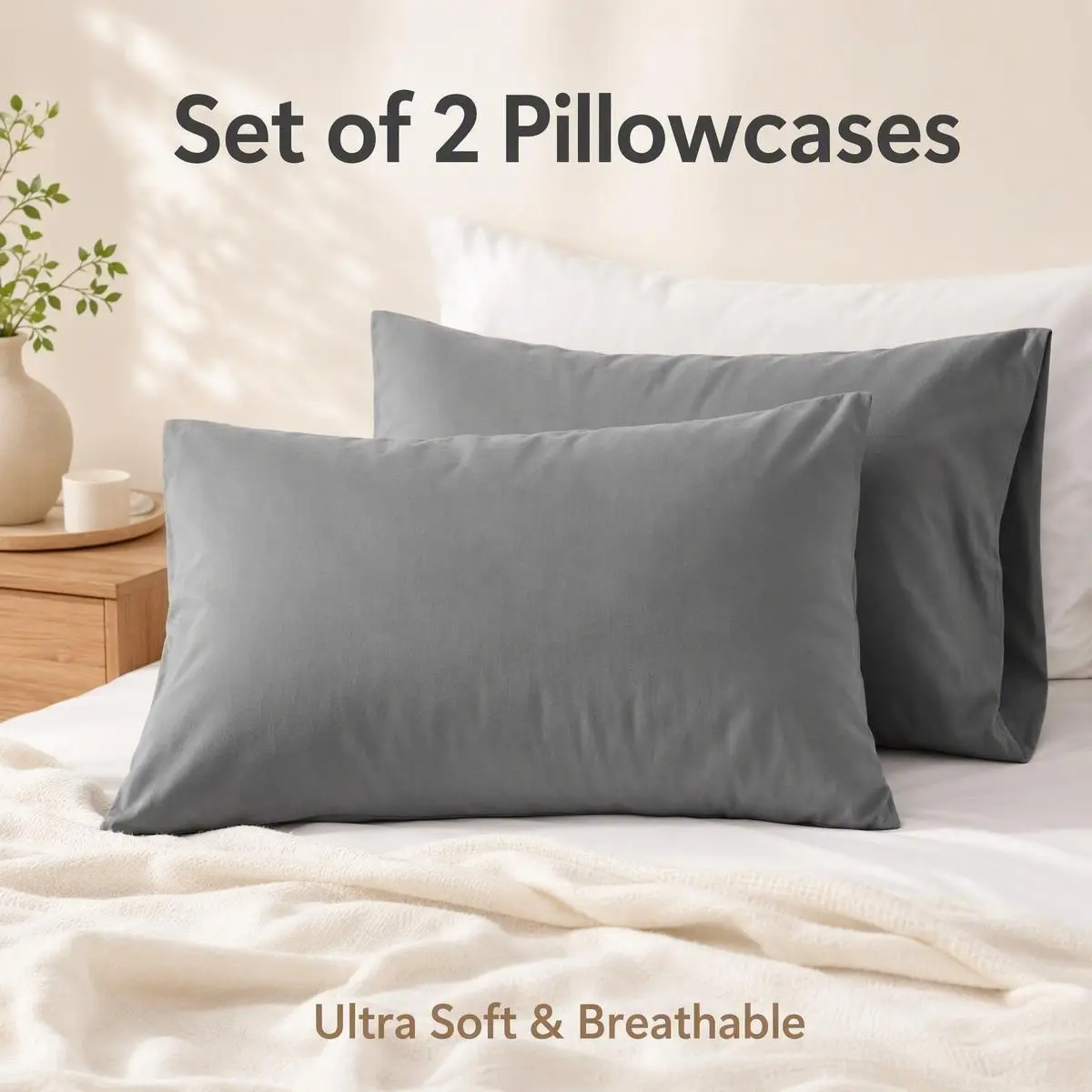 Bedsum 2‑Pack 100% Cotton Pillow Cases with Envelope Closure, Soft Breathable Skin‑Friendly Pillowcases, Durable Fade‑Resistant Machine Washable Easy‑Care Bedding Linens