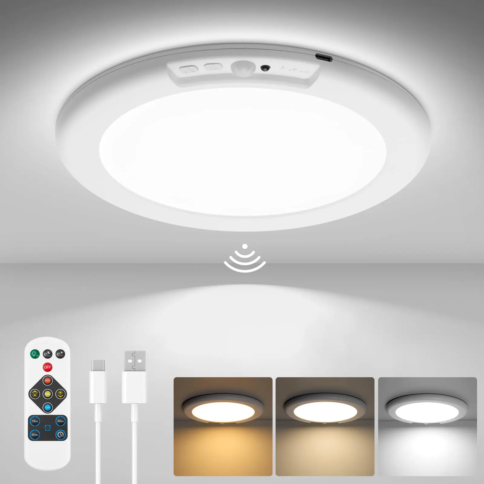 Traditional Magnetic Wireless LED Recessed Ceiling Lights, Rechargeable Battery-Operated, Motion Sensor, Remote Control, 3 Color Modes, 0.5 Inches Thickness, Adhesive Tape Included for Laundry Room, Closet