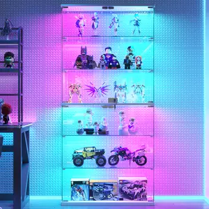 FREDEES  Display Cabinet with Glass Doors, 70" Tall Clear Curio Cabinet with RGB LED Lights for Collectibles, Figures, Lighted 6-Tier Glass Display Case for Living Room
