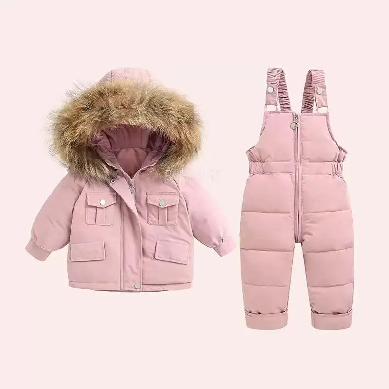 Girls Winter Snowsuit, 2-Piece Hooded Long Sleeve Skiwear Set for Toddlers, Solid Thick Warm Nylon Jacket and Pants