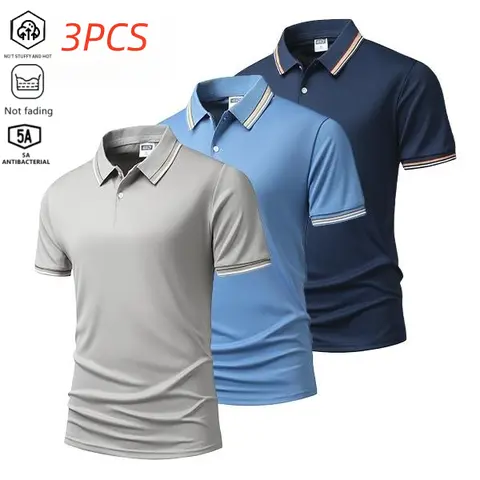 Men's 3-Piece Slim-Fit Color Block Polo Shirt Set - Short-Sleeve Fitted Tops, Breathable Lightweight Fabric, Black + Bean Green + Peacock Blue, Universal, Classic, Enterprise Look Outside of Work, Summer Smart Casual Sporty Chic Wear for Work Sports