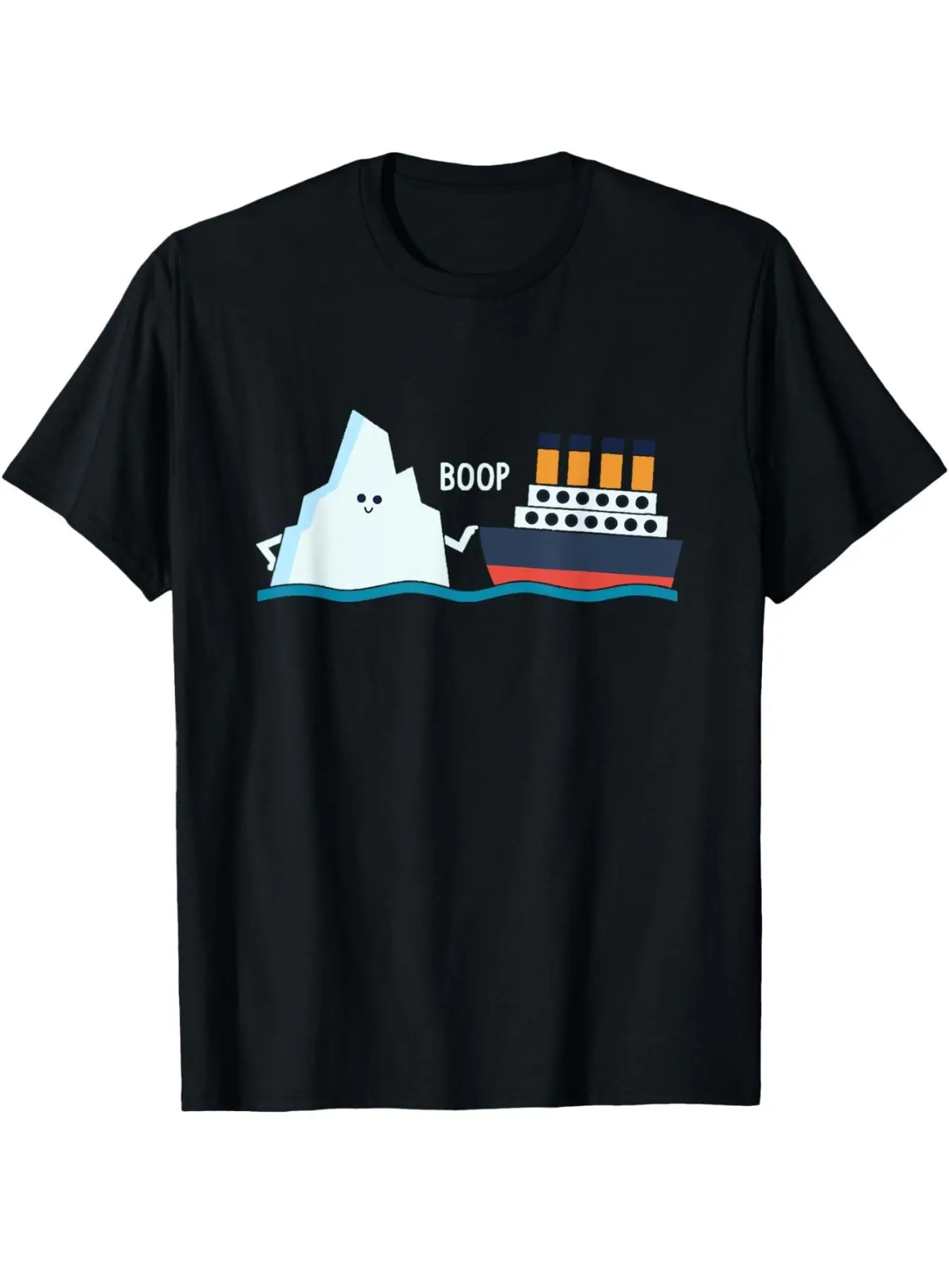 Men's Funny Titanic Iceberg "BOOP" Parody Graphic T-Shirt - Soft Cotton Relaxed Fit Casual Round Neck Tee, Black with Blue & White Humorous Design, All-Season Machine Washable, Casual Wear | Parody Tshirt | Comfortable Fit, Funny T Shirts