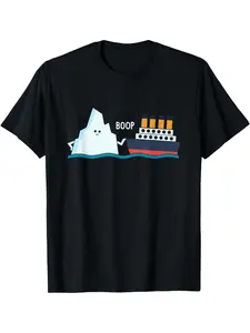 Men's Funny Titanic Iceberg "BOOP" Parody Graphic T-Shirt - Soft Cotton Relaxed Fit Casual Round Neck Tee, Black with Blue & White Humorous Design, All-Season Machine Washable, Casual Wear | Parody Tshirt | Comfortable Fit, Funny T Shirts