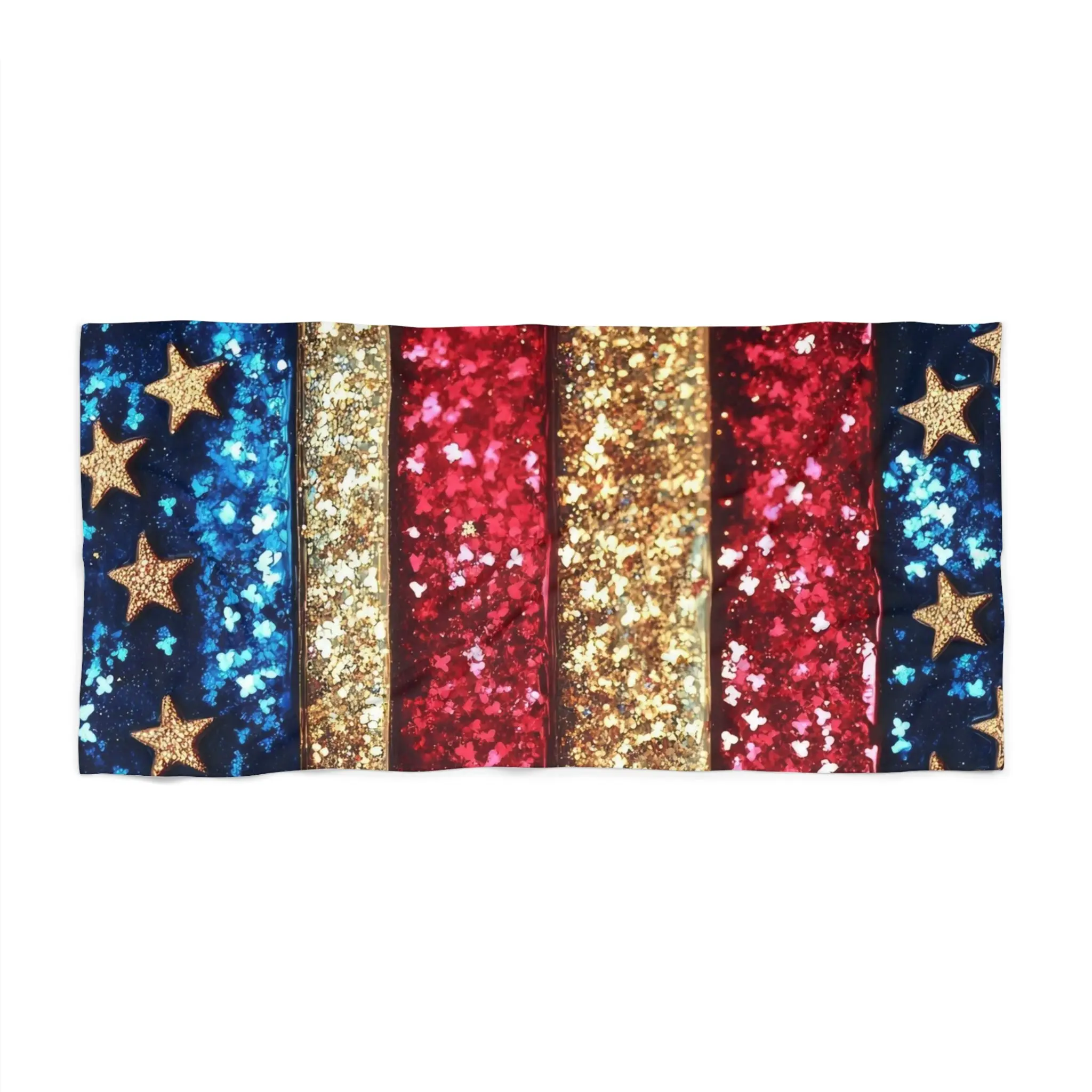Patriotic Glitter Stars Beach Towel — Red White Blue Stripes