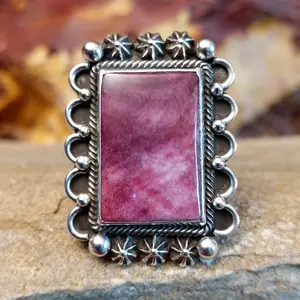 Rectangular Purple Spiny Oyster Shell Embellished Ring by Aaron Toadlena GJ-RNG-0214 Size 8.5