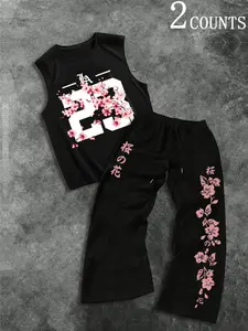 Men's Fashion Casual Two-Piece Set, Soft Comfortable Cherry Blossom Print Sleeveless Vest and Drawstring Wide Leg Pants, Menswear