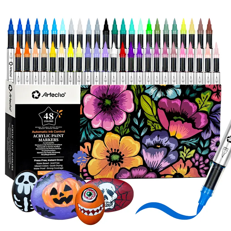 【EXTRA 30%OF】Artecho Automatic Ink Control Acrylic Paint Markers, Acrylic Paint Pens with Brush Tip for Stone, Rock Painting, Paper, Wood, Canvas, Pumpkin, Fabric, Card Making, DIY Crafts &Art Supplies, Art Materials, Multifunctional Pen-Like Markers & Hi