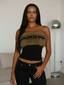 Women's Faux Fur Patchwork Crop Top, Sexy Y2K Fashion Style, Slim Fit Off-Shoulder Halter Neck, Casual Party Wear, Bandeau Cropped Tops