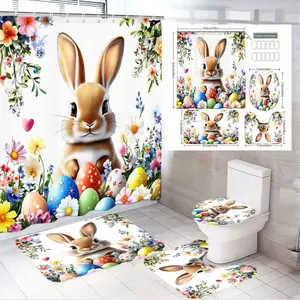1/4pcsEaster Bathroom Set - Cute Brown Rabbit Shower Curtain with Daisies Tulips, Colorful Eggs & Green Foliage, Toilet Lid Cover + 2 Bath Mats (Rectangular + Smaller) - Vibrant Spring Festive Decor for Bathroom, Matching Rabbit Egg Design Layout D
