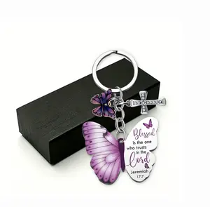 Purple Butterfly Christian Keychain with Bible Verse Cross Charm, Religious Inspirational Gift, Keychains for Women