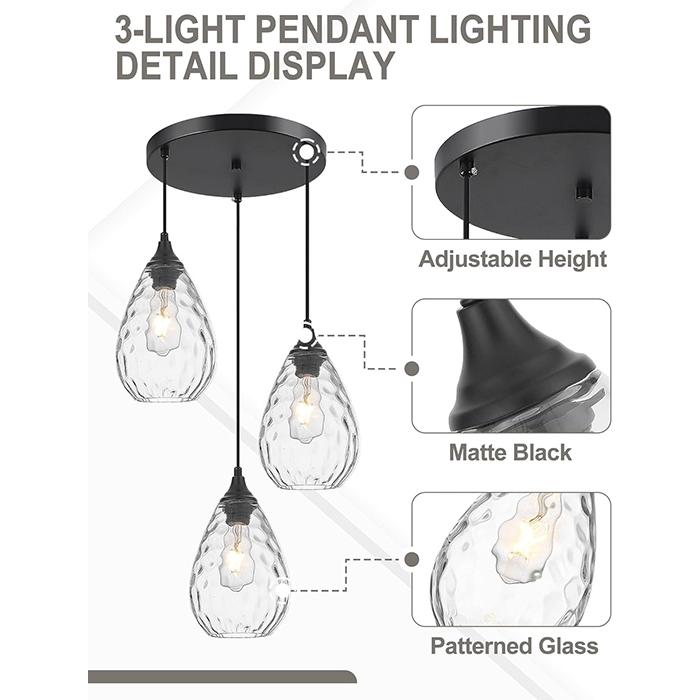 Black 3-Light Pendant Lighting, Modern Dining Room Light Fixture Over Table with Hammered Glass Cluster Hanging Lights for Kitchen Island Dining Room
