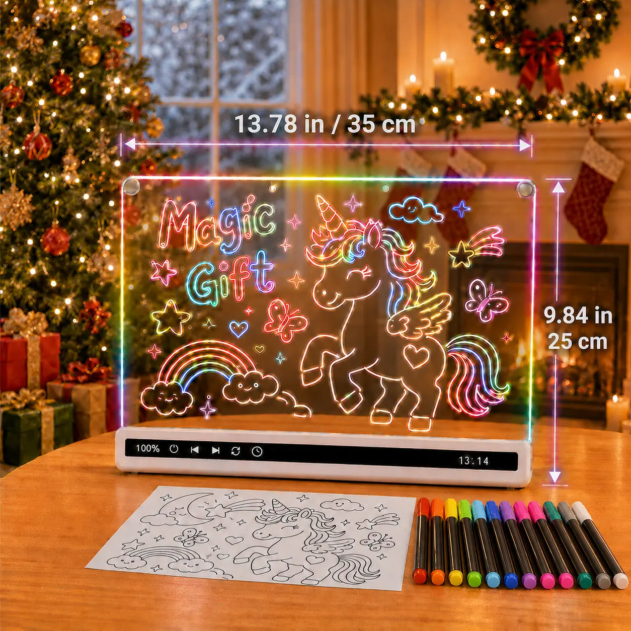 Snofrid 16'' Rechargeable LED Drawing Board, 8 Colors,10 Light Modes with Timer & Built-in Stand, Neon Art Reusable Wipe-Clean Art Board for Drawing,12 Markers & Tracing Book,Sketching Gift Toy for Kids/Girls/Teens,Chritmas Birthday Festival Gifts for Kid